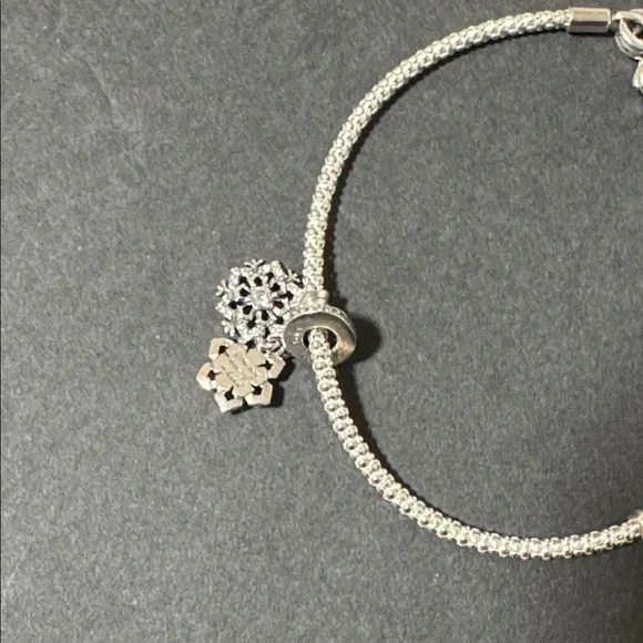 Pandora Sparkling Snowflake Double Dangle Charm Silver Bracelet - Picture 5 of 8